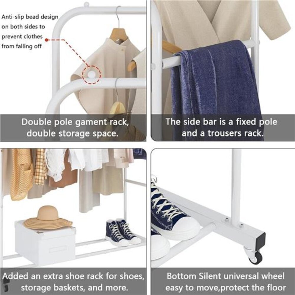 Double Rods Clothing Rack with Wheels, Garment Rack for Hanging Clothes - Picture 7 of 8